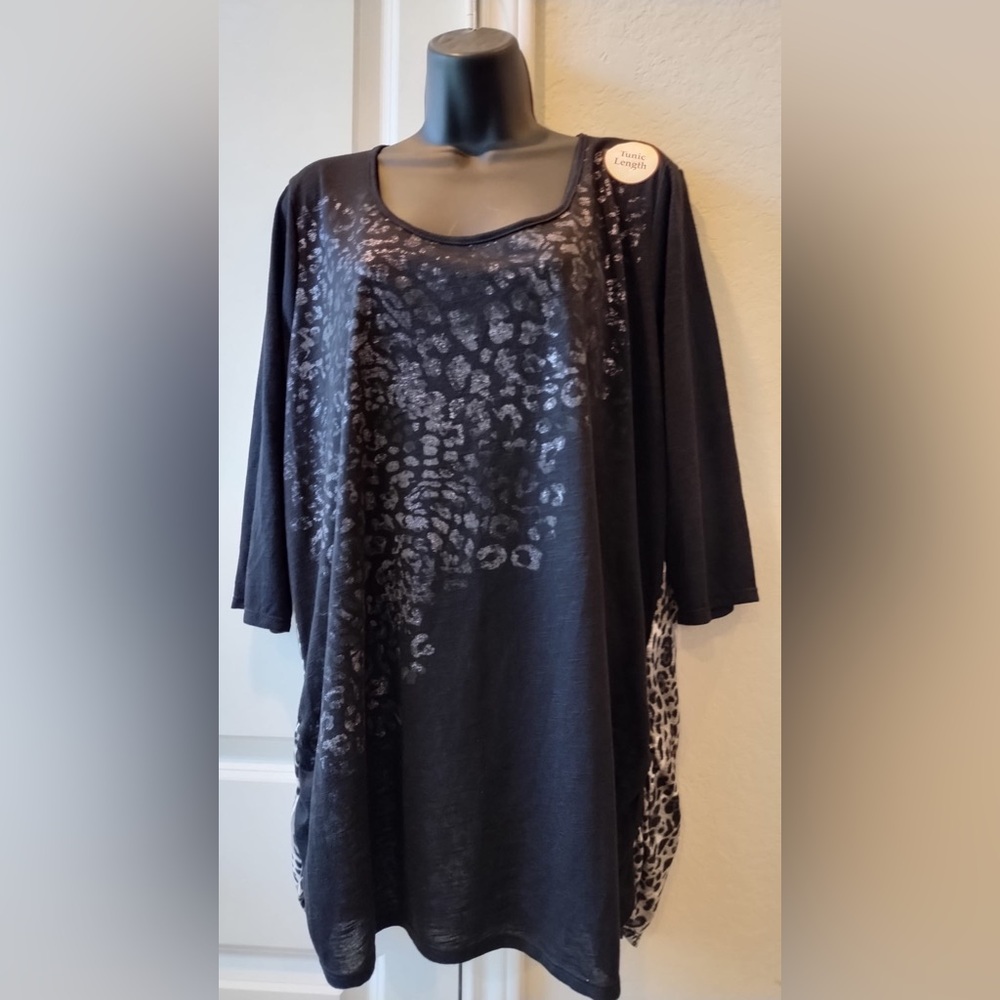 NWT Fadet Glory Womens Plus Size 2XL Black Animal Print T-shirt 3/4 Sleeve